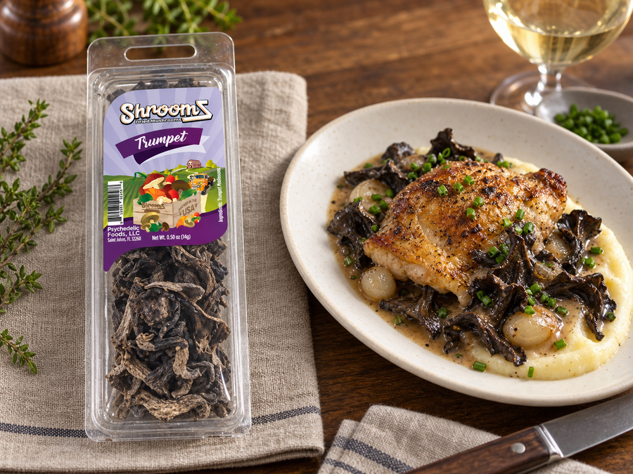 Trumpet ShroomZ beside roast chicken with black trumpet pan sauce over polenta — lifestyle