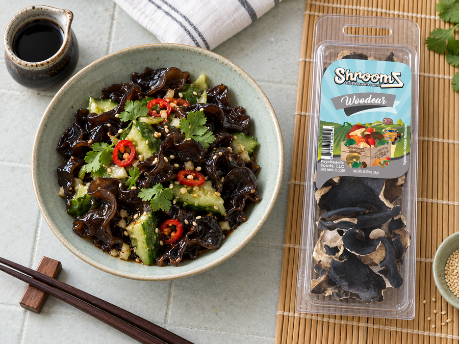 Woodear ShroomZ beside a wood ear and cucumber salad — lifestyle