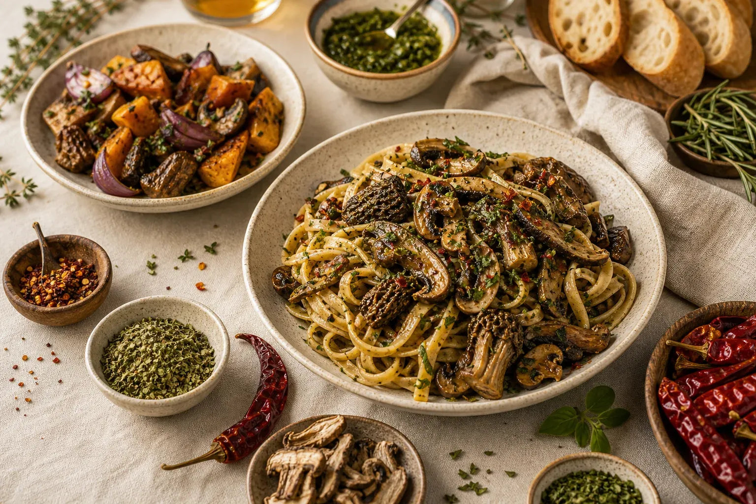 Prepared pasta with dried mushrooms, herbs, and chiles