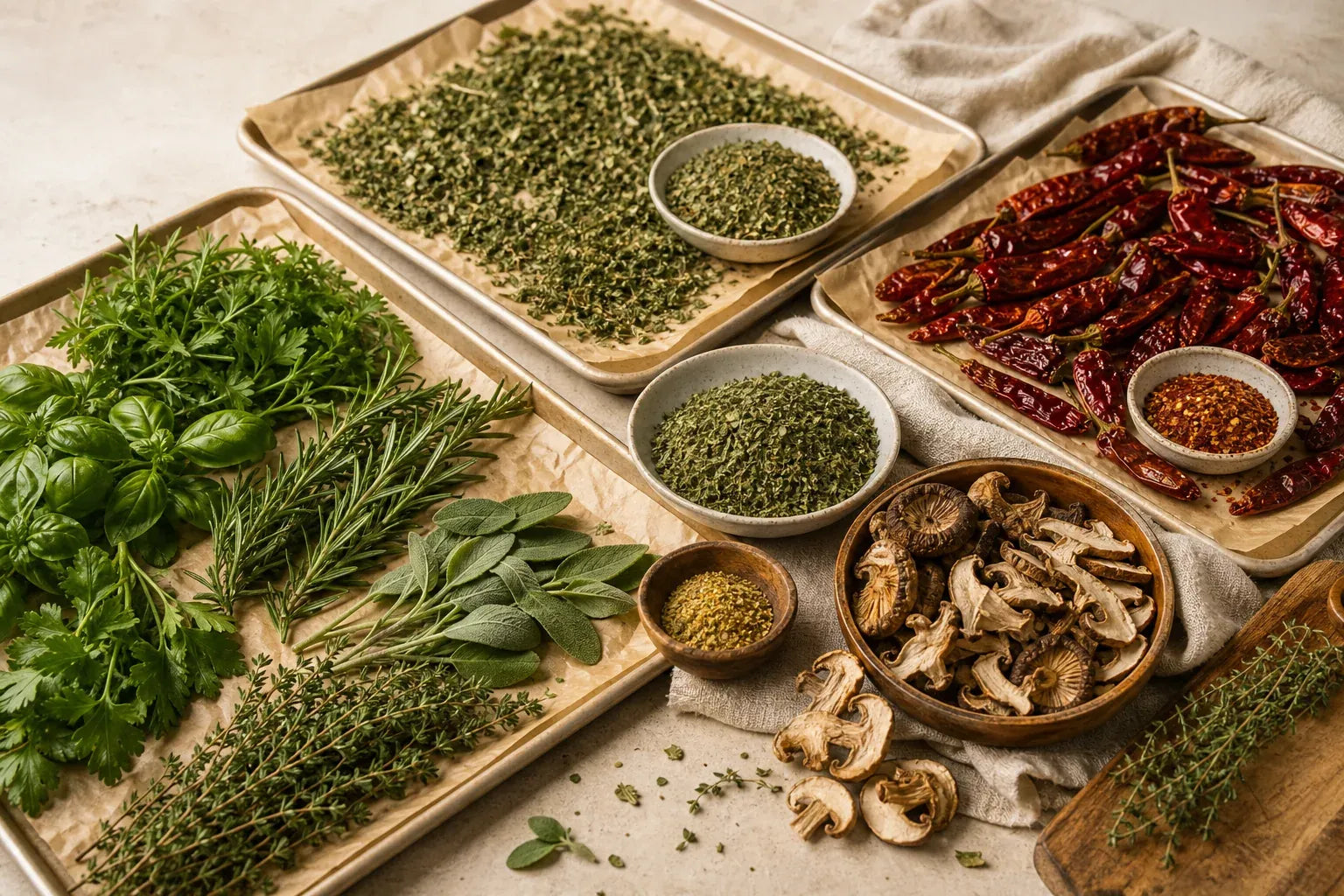 Specialty herbs, whole dried chiles, and mushrooms arranged for cooking