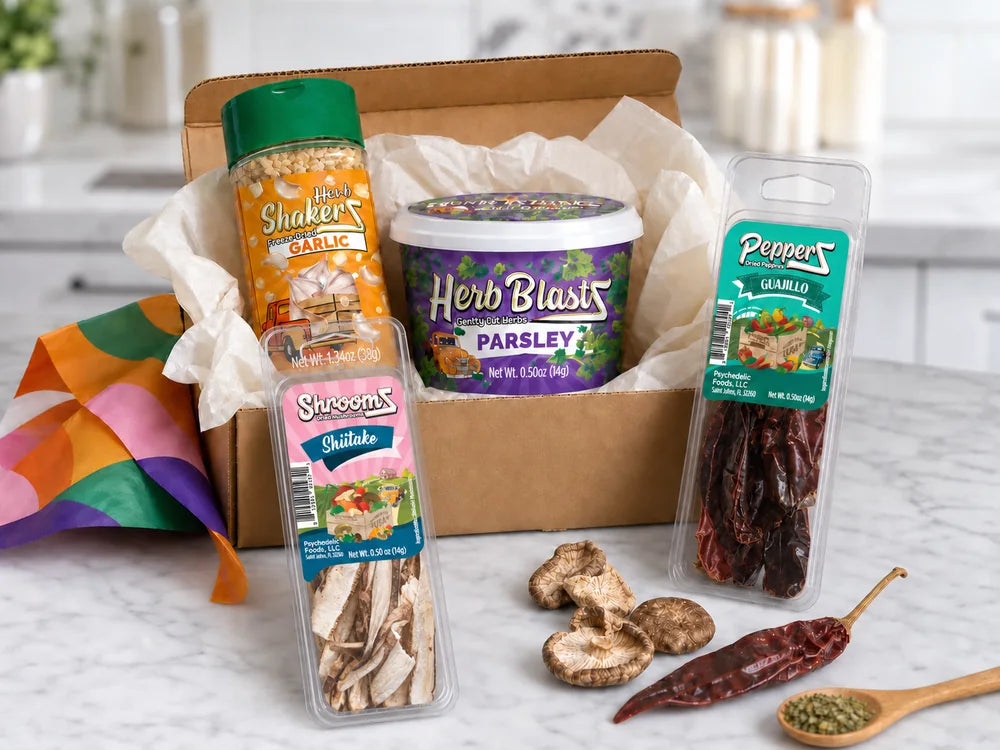 A Psychedelic Foods first-order box of freeze-dried herbs, dried peppers, and mushrooms