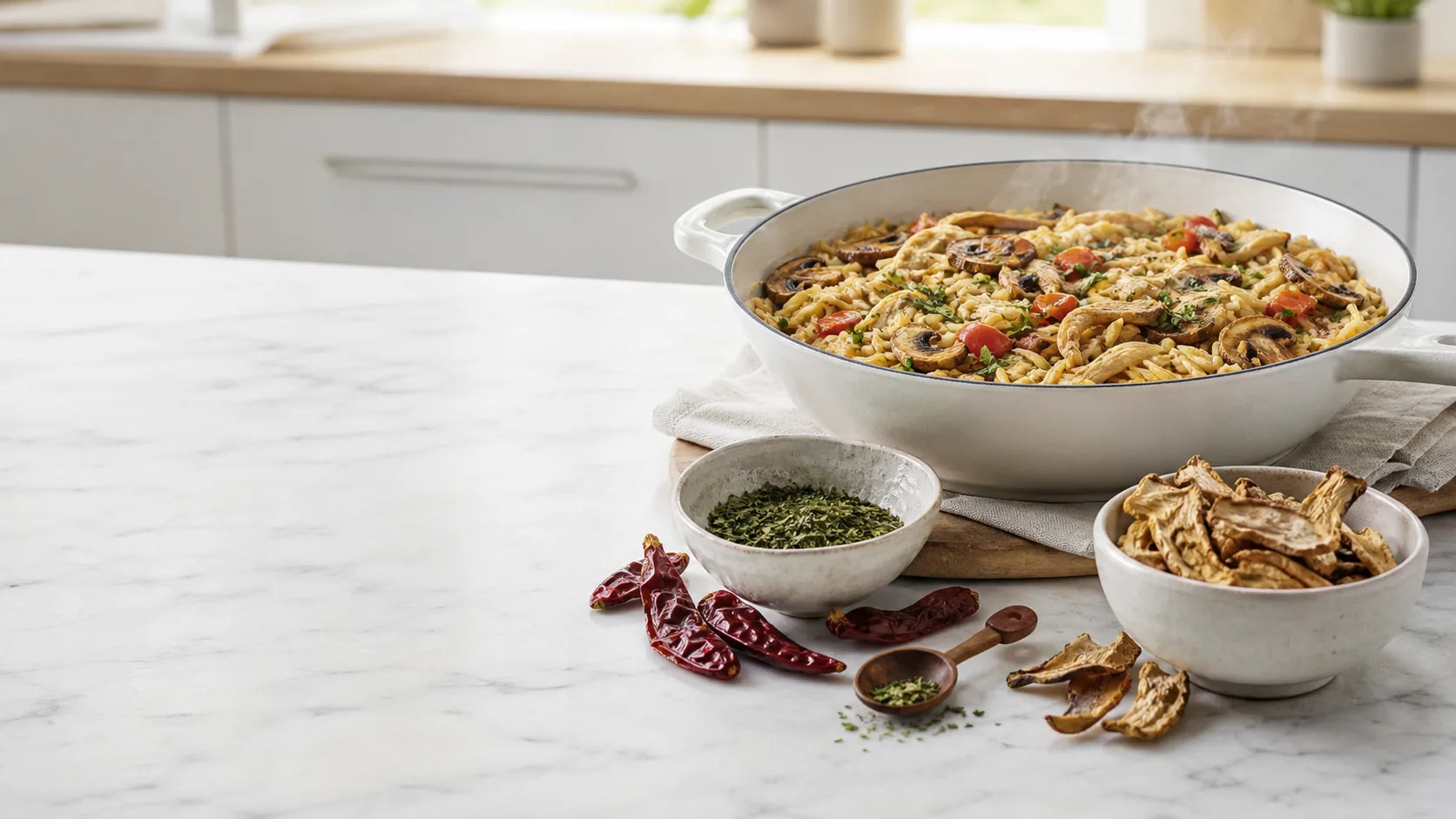 A skillet of pasta with mushrooms, herbs and chiles beside bowls of dried herbs, chiles and mushrooms on a kitchen counter